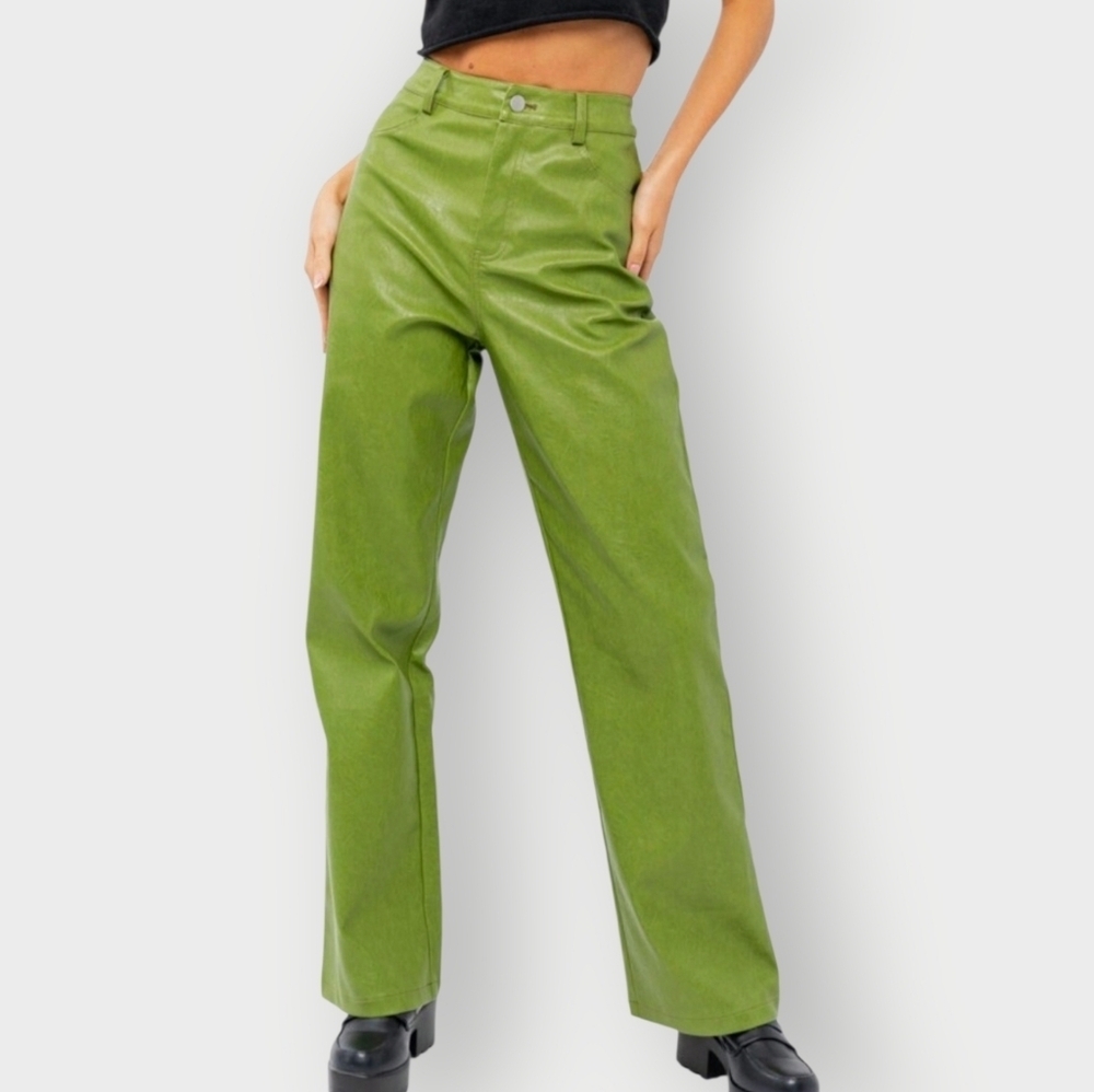LE LIS Anthropologie Green Wide Leg High Rise Vegan Leather Trousers Sz.S
